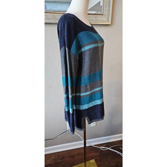 Talbots Cotton Teal Navy Striped Tunic Sweater Hi Low Soft Women Medium - Picture 2 of 6